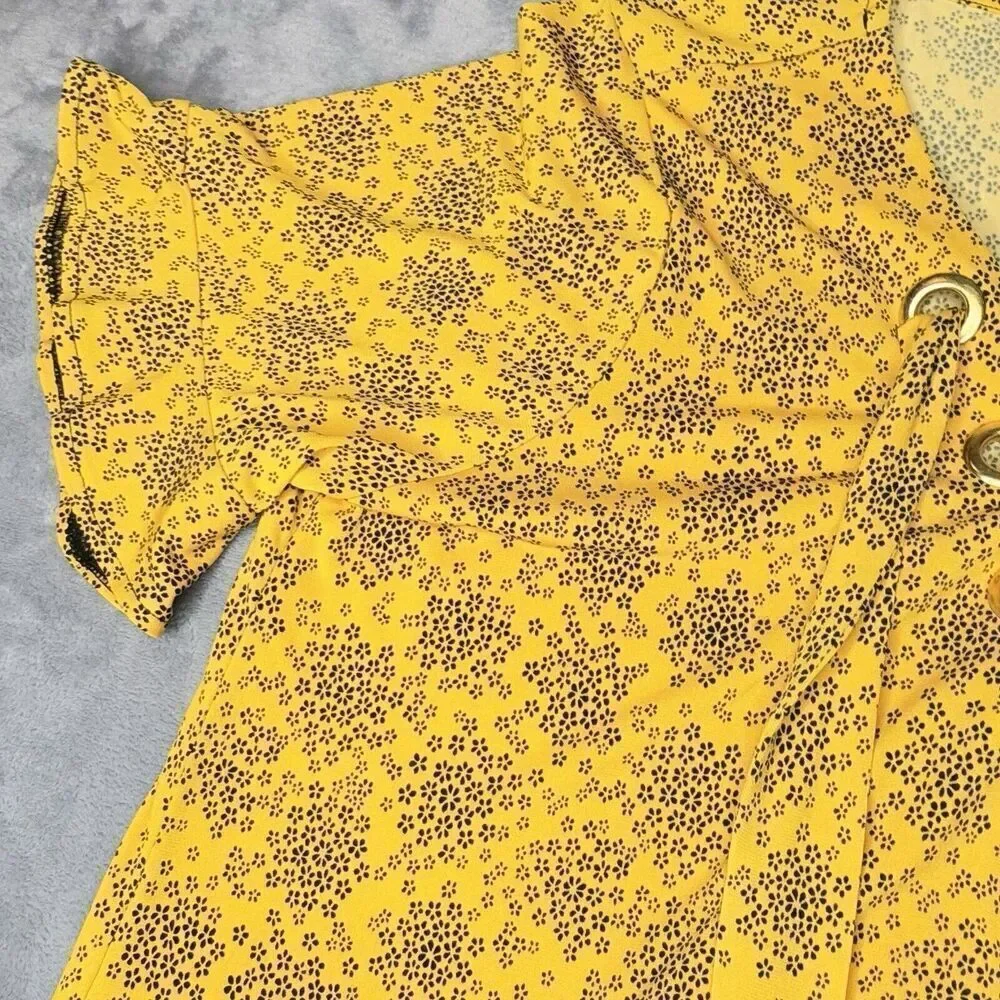 Michael Kors Sz M Floral Tie Flare Sleeve Popover Tunic Blouse Shirt Gold HW